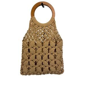 Crocheted Boho Purse Handbag Round Wooden Handle Tan Tote Braided Bag